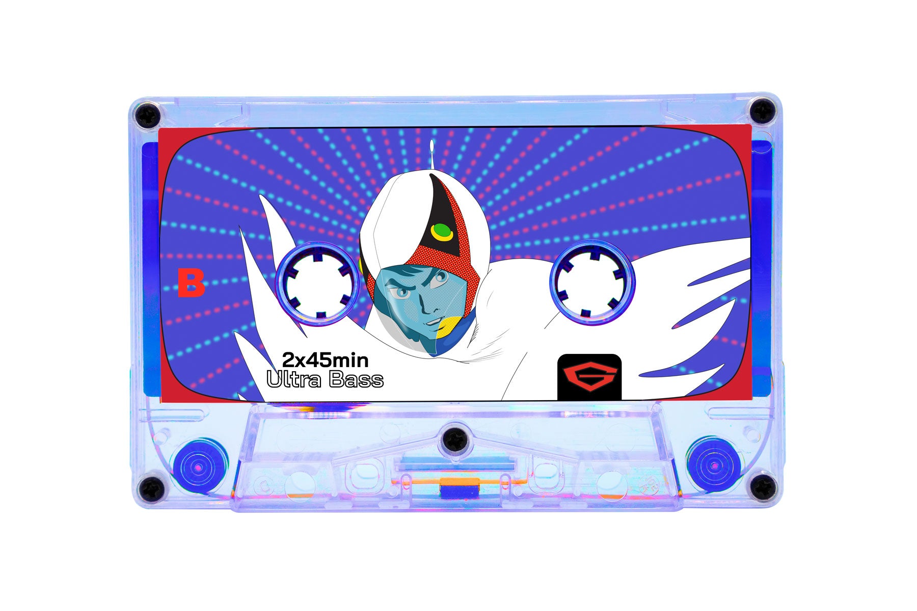 Cassette tape with a colorful design featuring a character on a white background