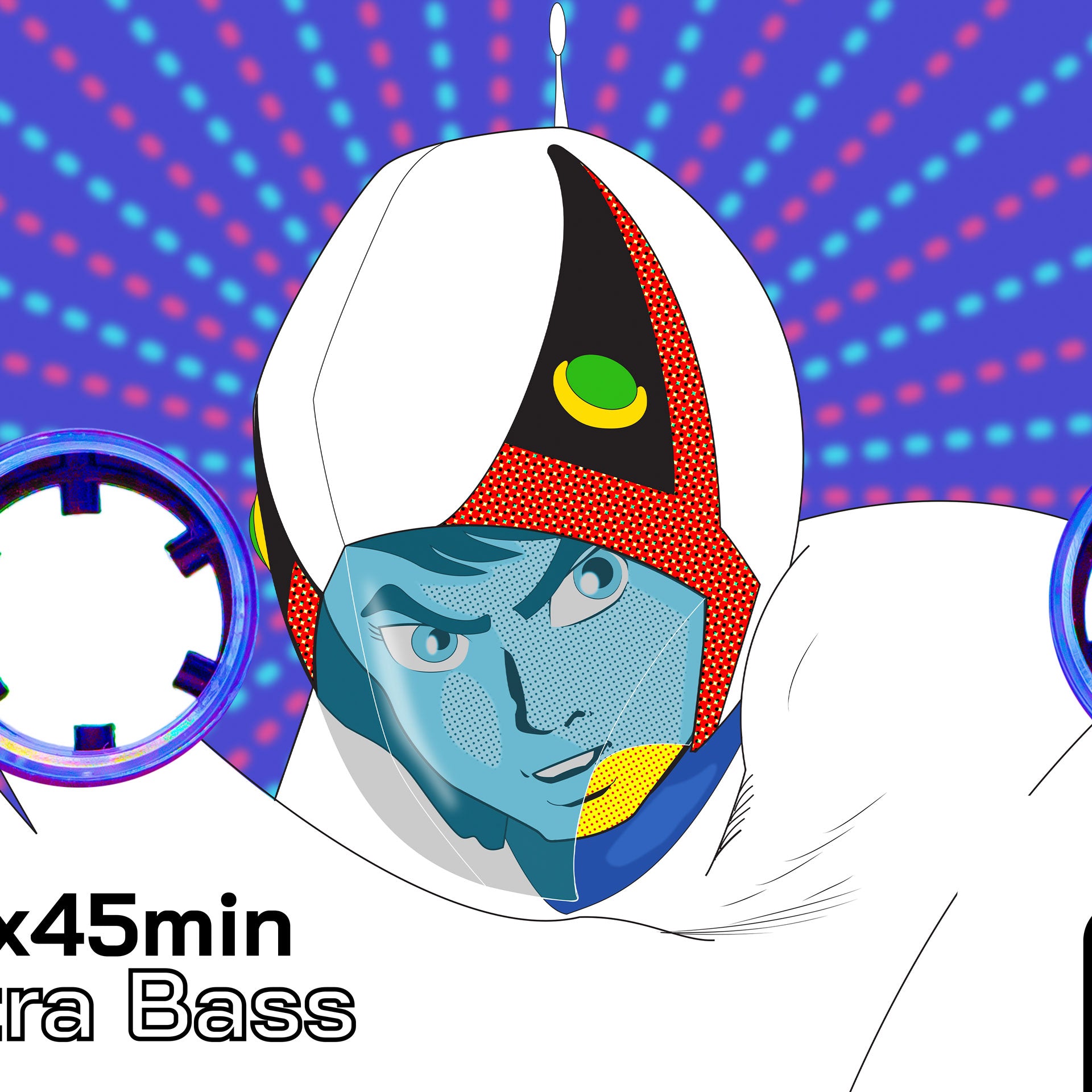 Character in a futuristic outfit with a colorful background