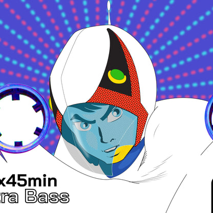 Character in a futuristic outfit with a colorful background