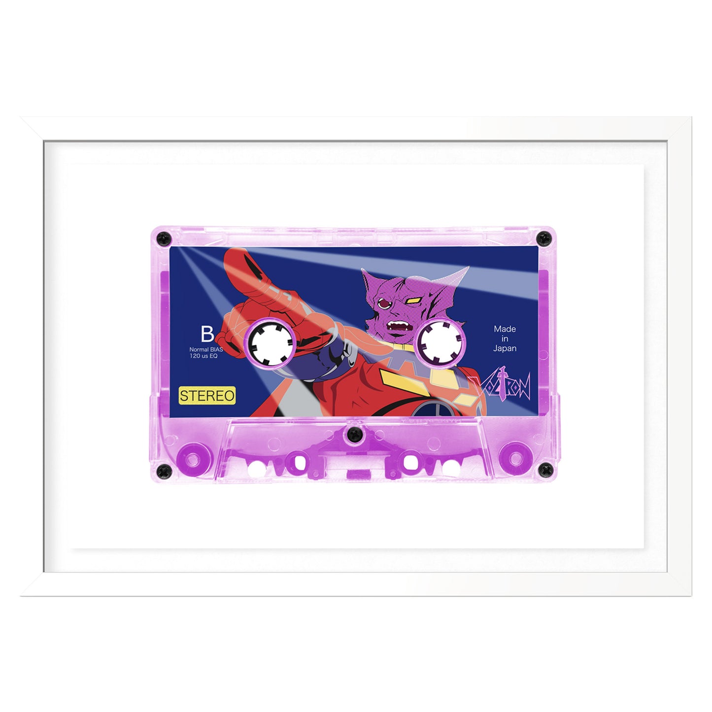 Mixed Media Cassette tape featuring Commander Sendak from Voltron. The cassette has a colorful design featuring a character and text on a white background, positioned within a floating frame. 