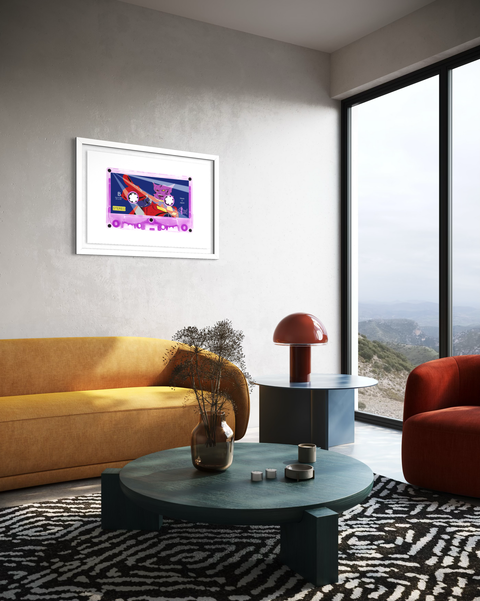 Modern living room with a yellow sofa, round coffee table, and colorful mixed media art piece of commander sendak from Voltron framed within a cassette tape. 